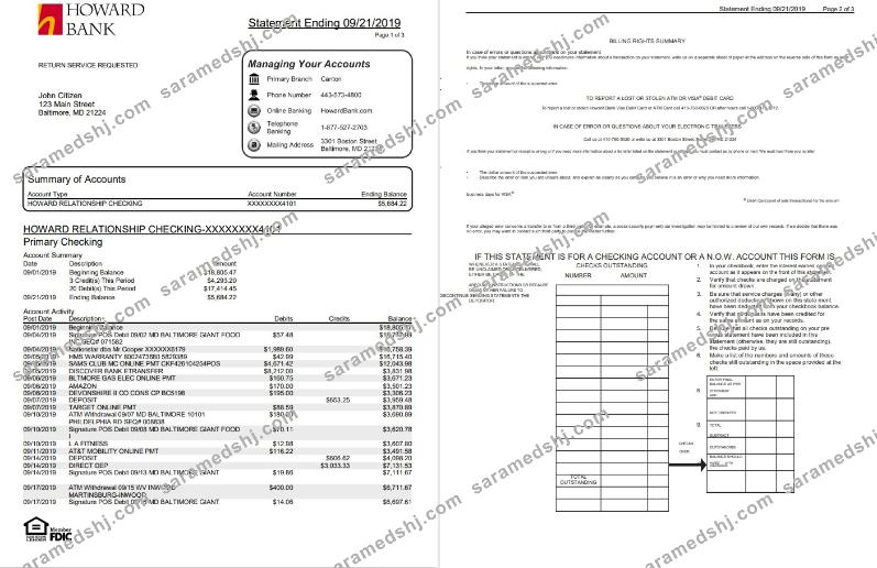 USA Maryland Howard Personal proof of address bank statement template in Word and PDF format (4 pages)